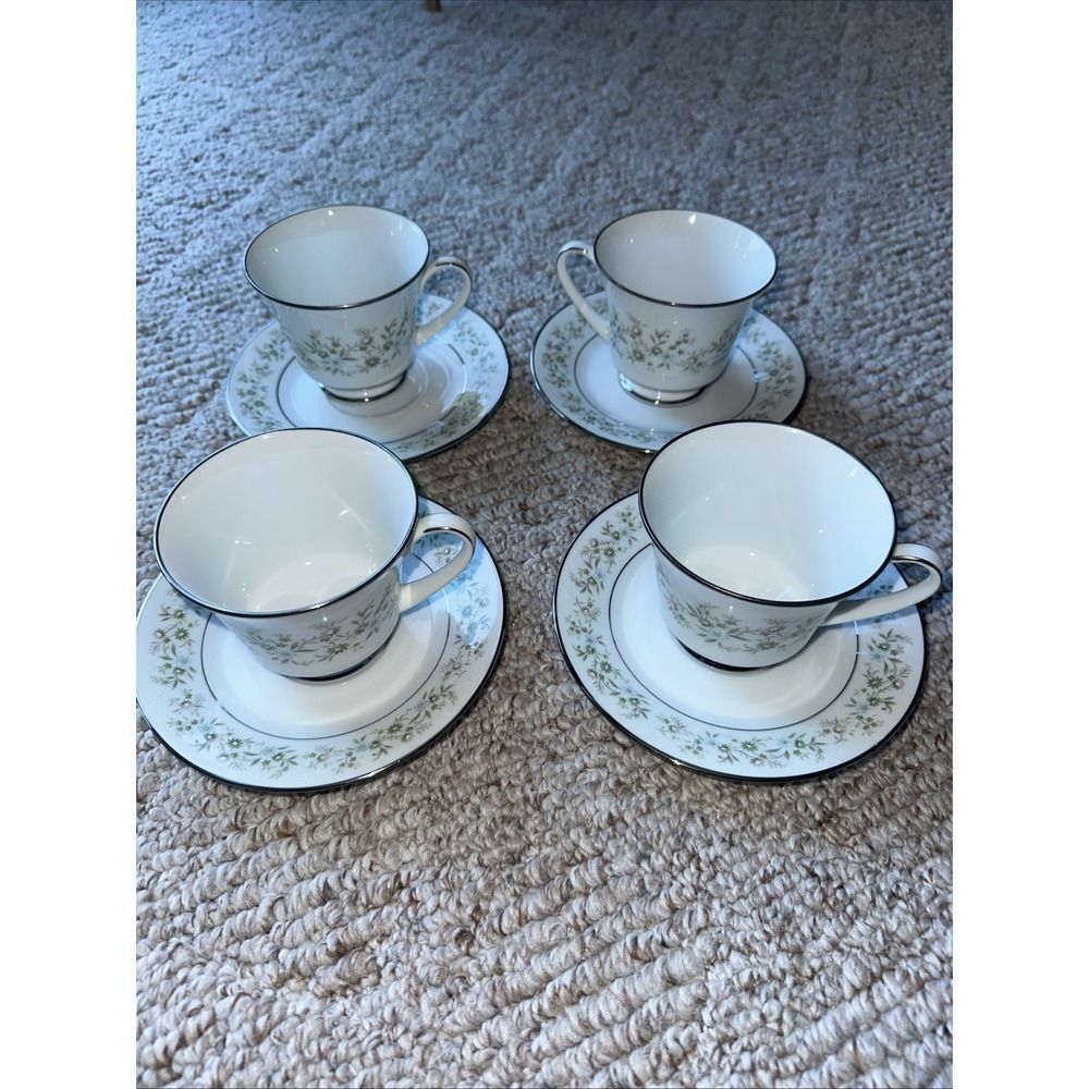 4 Sets Noritake SAVANNAH 2031 Tea Cups & Saucers 8-pcs Floral Platinum Rim